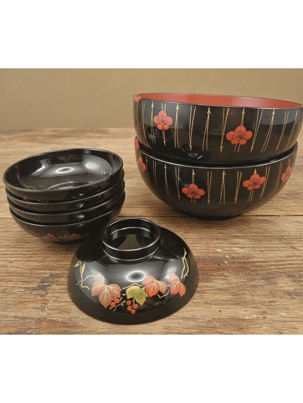 Vintage Japanese Black & Red Lacquer-Style Set 2 Serving Bowls & 5 Footed Bowls